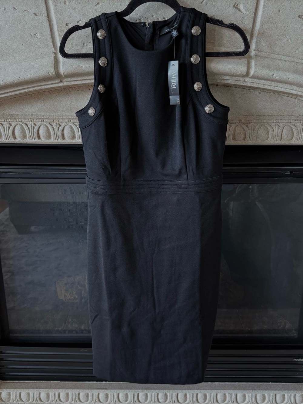 White House Black Market Black Sleeveless Sheath Dress with Silver Buttons